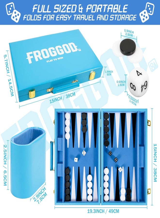 Froggod Travel Backgammon Sets for Adults - 15 Inch Premium Backgammon Set - PU Leather Case with Seamless Flocked Game Surface - Classic Board Games for 2 Player and Gift for Men(Light Blue) - Image 2